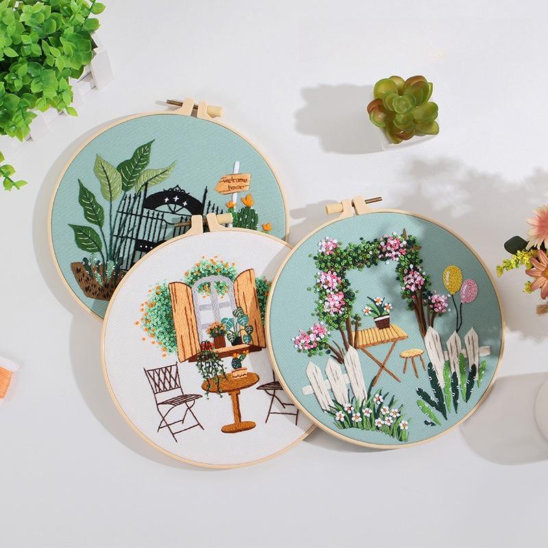 1Pc Quiet Time Home Living Green Plant Coffee Table DIY Embroidery Needlework Bamboo Embroidery Frame English Kit