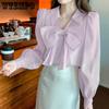 Early Spring Women's Shirt Chiffon V-neck Bowknot Shirt Small Crowd Style Pink Chiffon Shirt with Design