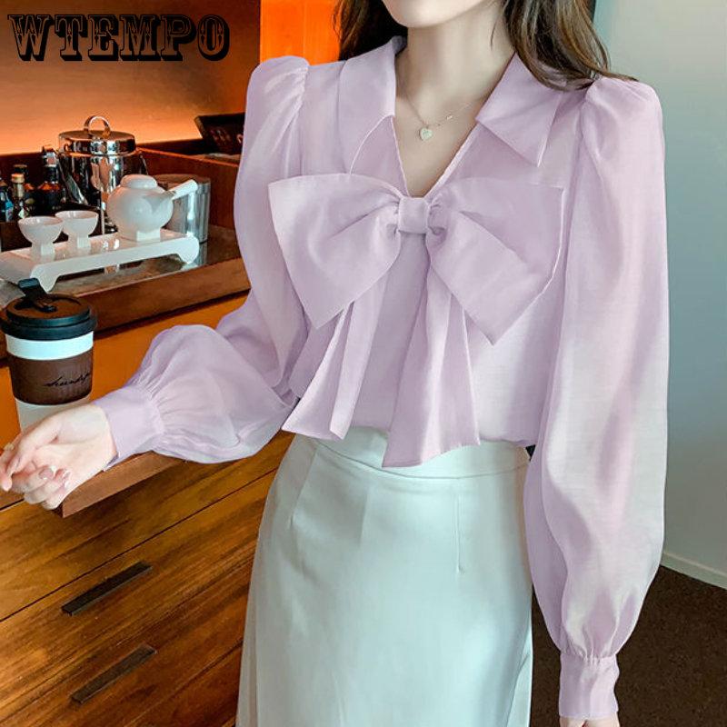 Early Spring Women's Shirt Chiffon V-neck Bowknot Shirt Small Crowd Style Pink Chiffon Shirt with Design