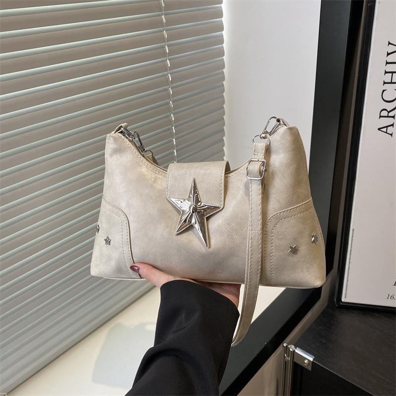 Premium Nischendesign Sternschnalle einfarbig Retro Schulter Umhängetasche Tragetasche einfache Freizeittasche