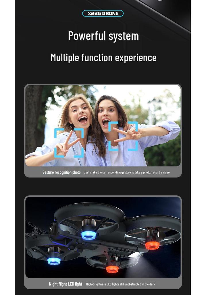 Cross X226VR Dual Image FPV Drone with Brushless Motors, Optical Flow Stability, and Aerial Photography Capability.