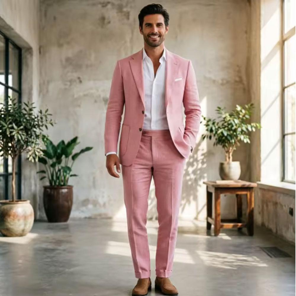 Sage Green Linen Men Suits 2 Pieces Slim Fit Blazer Trousers Breathable Lightweight Fabric Casual Wedding Business Office Wear