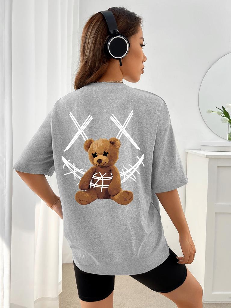 Ein Stoffbär mit einem Verbanddruck T-Shirts Damen Lässig Weiche Oberteile Mode Cooles T-Shirt Kleidung Straße Sommer Kurze Ärmel