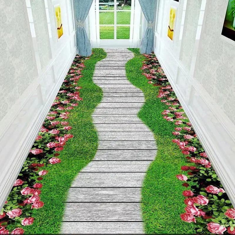 Tapete Longo 3D Corredor Caminho de Jardim Verde Decoração Sala de Estar Corredor Doméstico Tapetes de Chão Antiderrapantes Moderno Luxo Decoração de Entrada Tapete