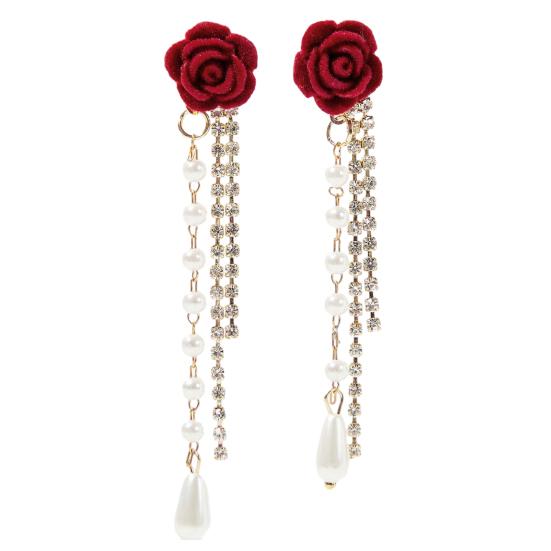 1 Pair Rose Tassel Dangle Earrings for Women Faux Pearl Rhinestone Fringe Stud Earrings