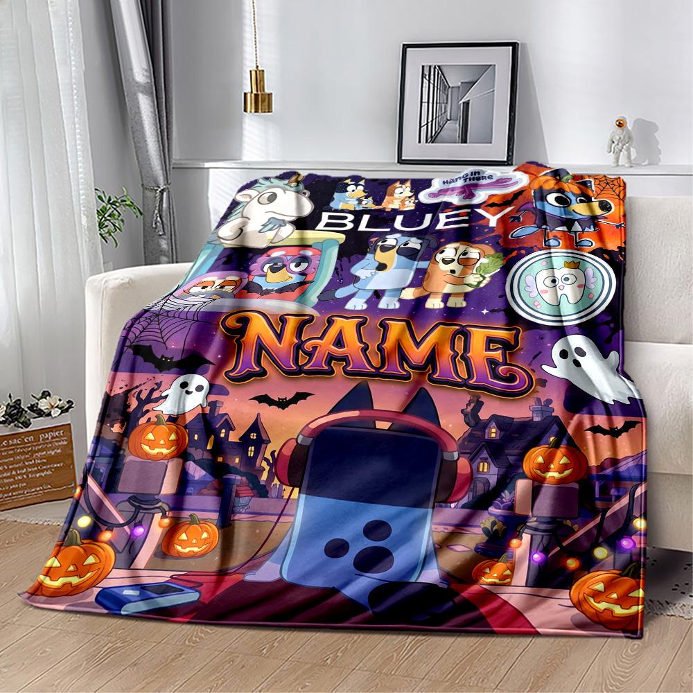 Bluey Halloween Night Personalized Name Blanket Lightweight Customizable Blanket Soft Warm Cozy Suitable for Livingroom Couch Chair Sofa