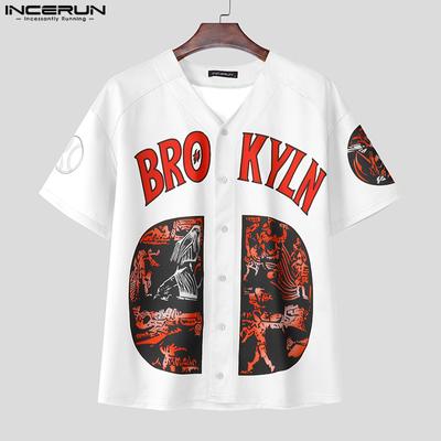 Men Lapel V Neck Short Sleeve Tops Casual  Letter Print Summer T-shirts