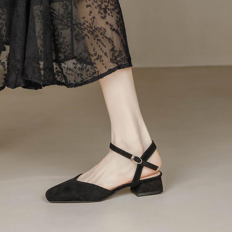 Fashion suede leather low heel sandals women square toe back strap gladiator sandalias mujer cutout summer shoes woman slingback mules