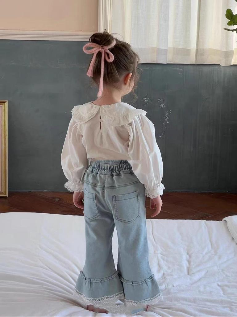 Spring 2025 Korean Style Girls' Lace Denim Flare Pants – Fashionable, Slim, Versatile Long Children's Pants