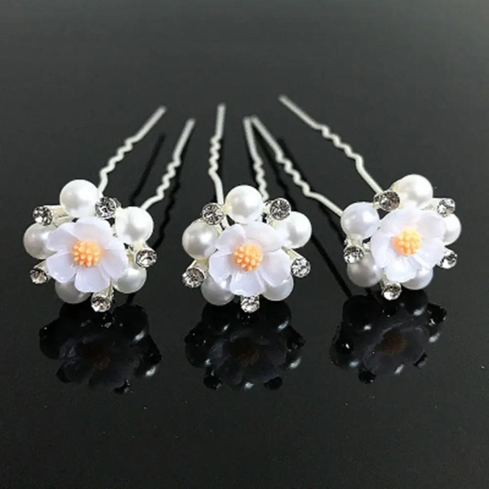 5Pcs Fashion Metal Pearl Flower Hairpin Stick Headwear U-shaped Rhinestone Hair Clip Headdress Bridal Hairpin Wedding