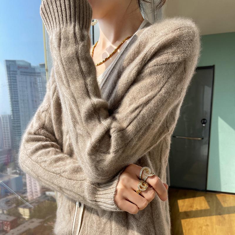 Women's V-Neck Cable Knit Wool Cardigan – New Autumn/Winter Color Block Cashmere Sweater Coat