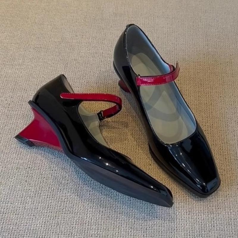 Patent Leather Mixed Color Mary Janes Women Sweet Square Toe Wedges Designer Shoes Simple Shallow Branded Mule Pumps Dress Shoes