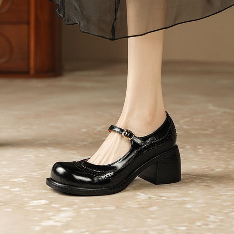 Fashion NEW Spring Women Pumps Genuine Leather Shoes for Women Round Toe Chunky Heel Shoes Retro Mary Janes Carving College Girl Shoes