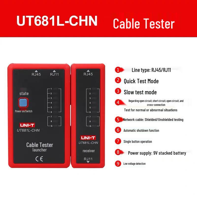 Uni-T UT682 Кабельный искатель: Многофункциональный тестер сетевых кабелей и инструмент для проверки телефонных линий с защитой от помех.