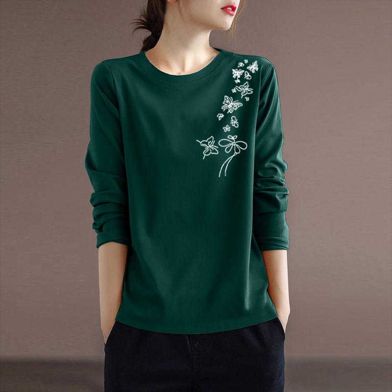 Spring and Autumn Women's Pullover Round Neck Plant&Flowers Printed Butterfly Contrast Long Sleeve T-shirt Underlay Elegant Tops