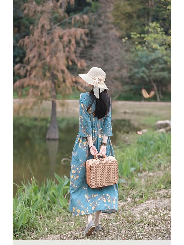 2026 Summer Retro Print Cotton & Linen Long Dress for Women