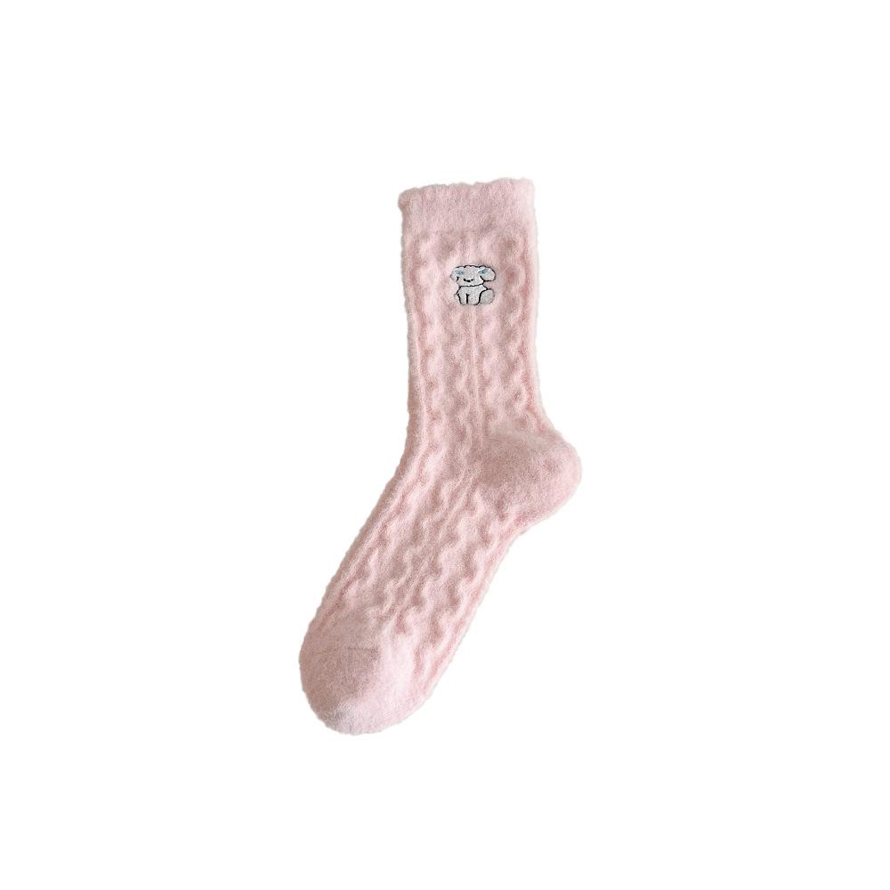 Fleece and Thickened Warm Socks, Cute Pink Australian Fleece Socks, Cartoon Embroidery Mid-calf Socks, Dui Dui Socks