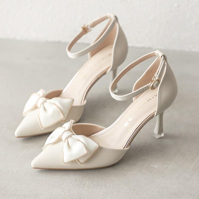 Zapatos de tacón medio Tacones Zapatos de mujer Tendencia Punta puntiaguda Mariposa Stilettos Vestido elegante Bodas Fiesta nupcial Blanco Diseñador