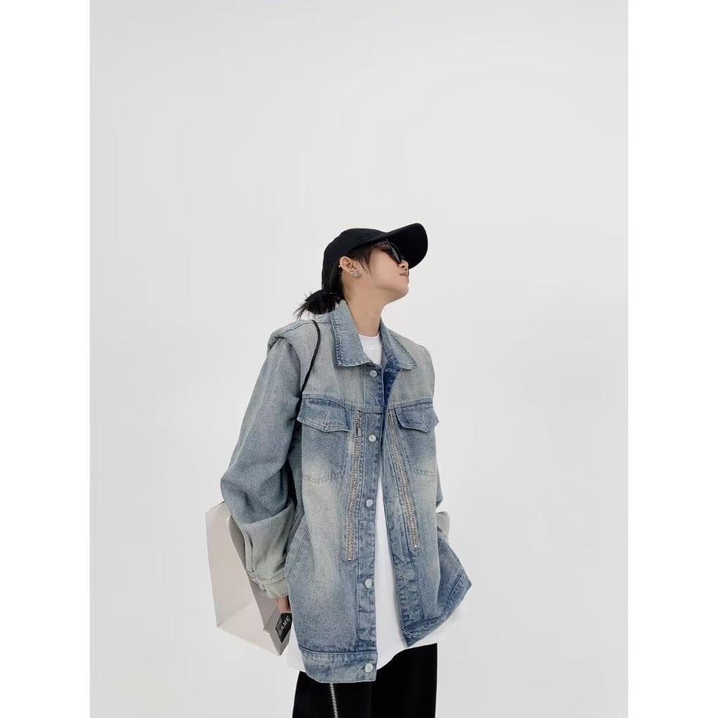 American Retro Washed Denim Jacket Men'S And Women'S Trendy Brand Niche Shoulder Padded Design Versatile Couple Jacket