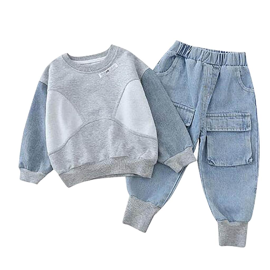 Spring New Korean Version T-shirt Children's Spring And Autumn Sweater Children's Clothing Baby Cartoon Rest Denim Pants Set