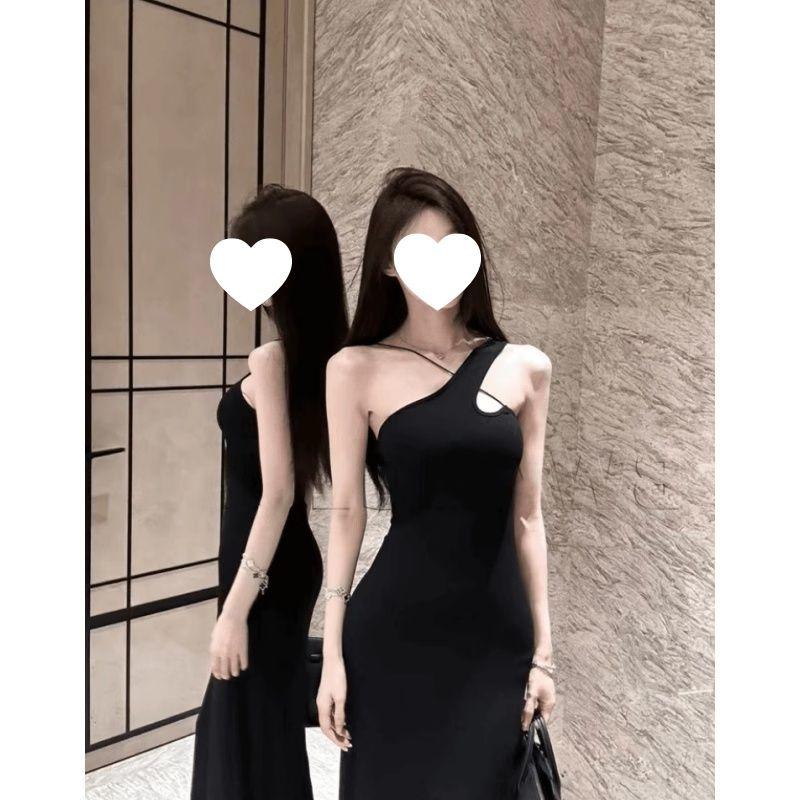 

French style Sloping Shoulder Dress Women Summer Pure Desire Style Temperament Slim fit Slimming Tight Royal Sister Sexy Sheath Long Skirt Black S