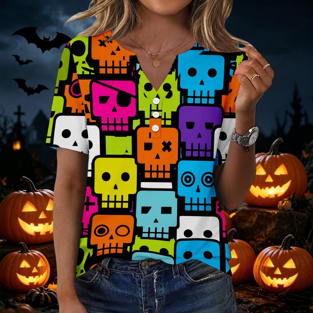 Women's Casual Halloween Print V-Neck Short Sleeve Button T-Shirt Top