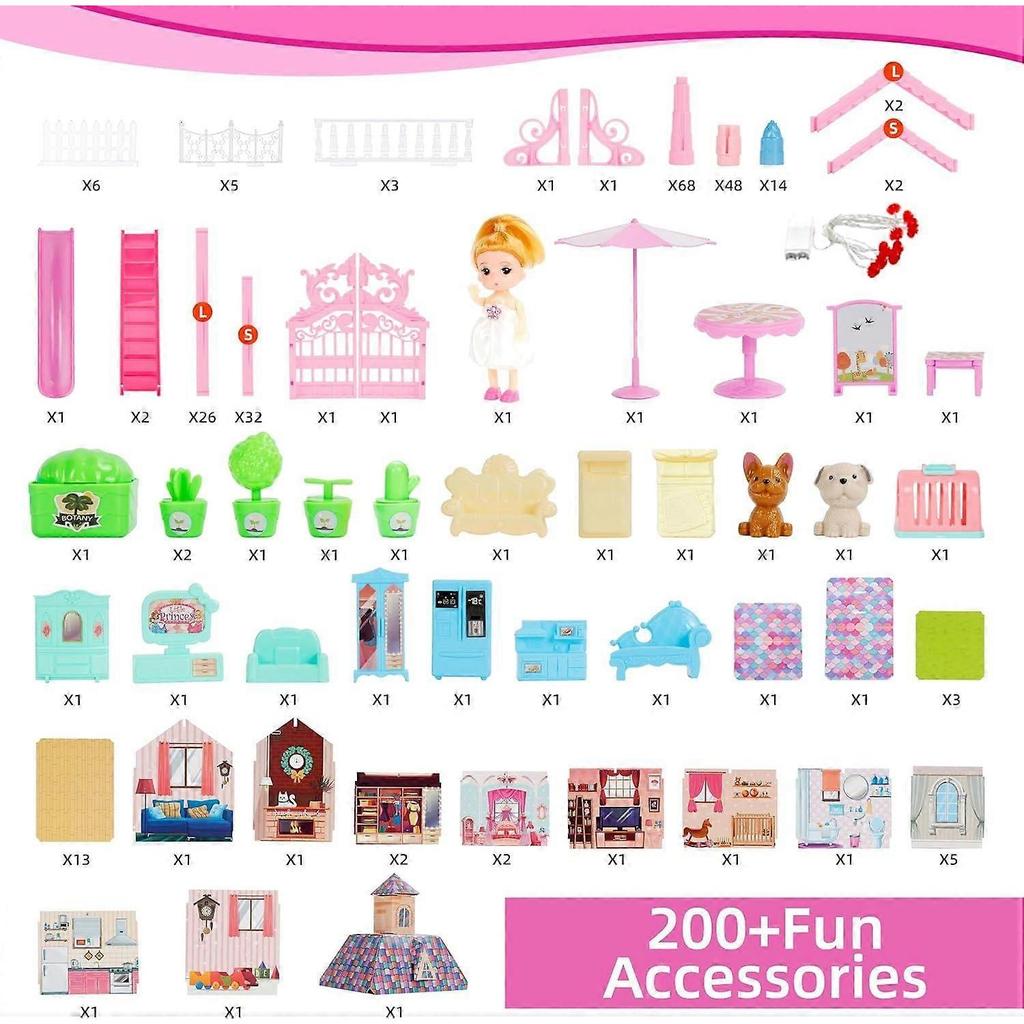 Casa de Muñecas de Ensueño para Niñas con Figuras de Muñecas, Accesorios, Luz LED