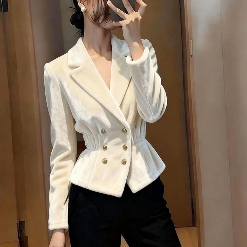 Elegant White Velvet Women's Coat - Autumn/Winter Waist-Cinched Fashion
