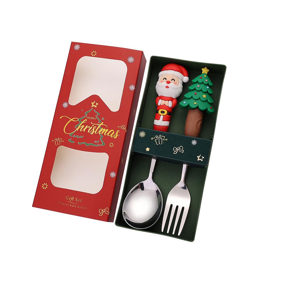 Christmas, Stainless Steel Spoon and Fork Set Santa Spoon Fruit Fork Tableware Gift Box