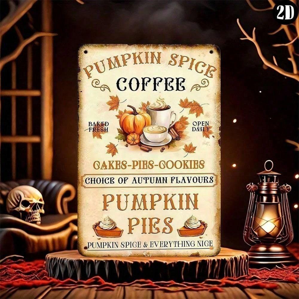 Metallposter Pumpkin Spice Coffee, Vintage Blechschild für die Wand, Herbstküchendekoration