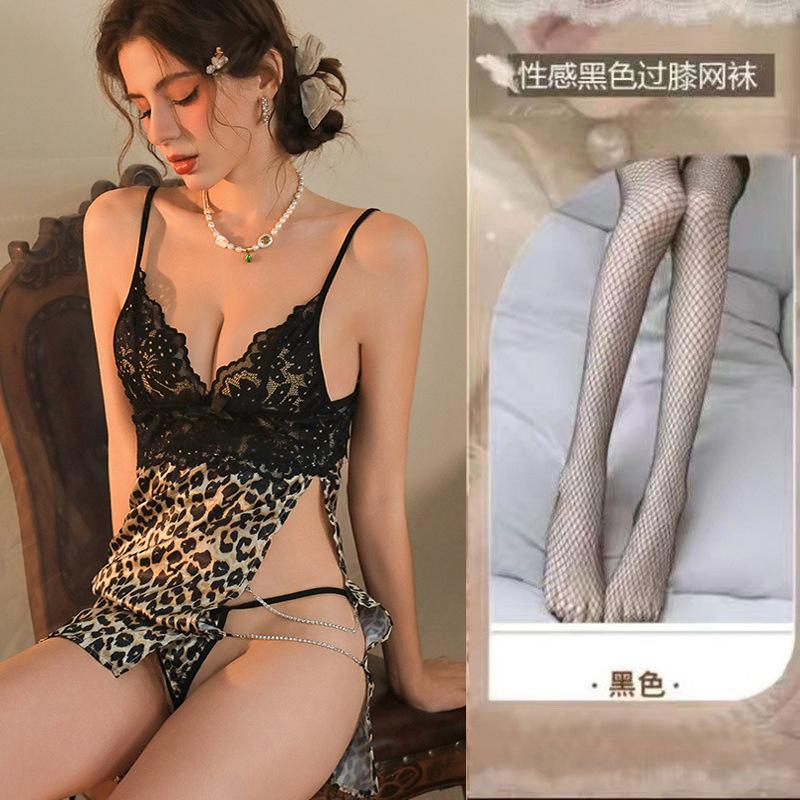 Fun Underwear Leopard Print Temptation Sexy Pajamas Pure Desire Wind Silky Slippery Buttocks Open Fork Free Qq Open Crotch Uniform Set
