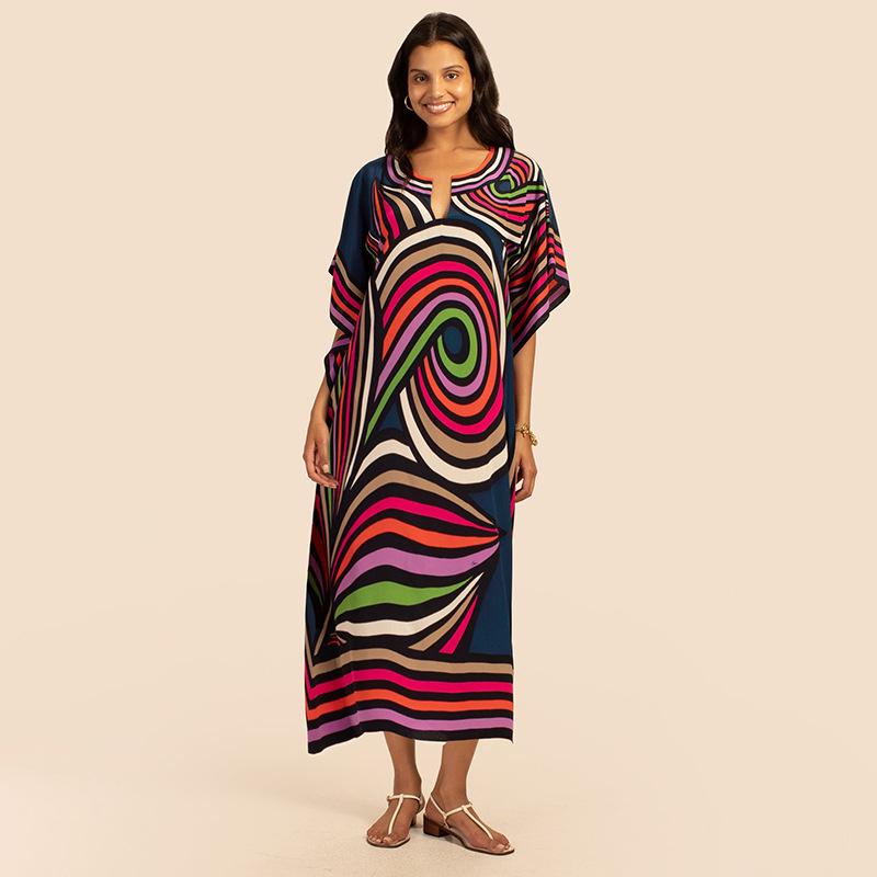 Europäischer & Amerikanischer Urlaubs-Strandüberwurf: Langer Morgenmantel mit Positionierungsdruck Badeanzug Damenkleid.