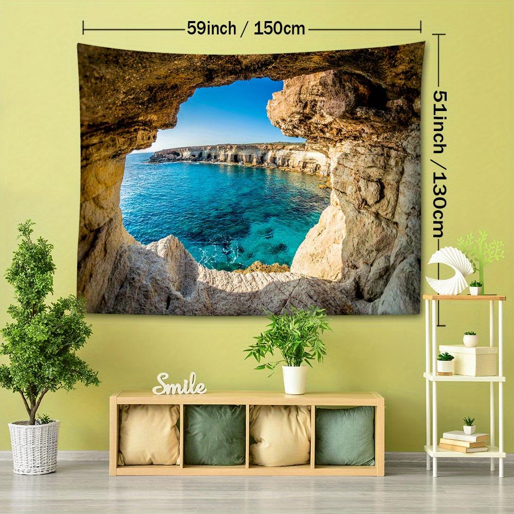 Versatile Ocean-Inspired Tapestry - Durable Polyester Wall Hanging for Bedroom & Living Room Decor, Vibrant HD Printed Sea View with Mountain Cave Des