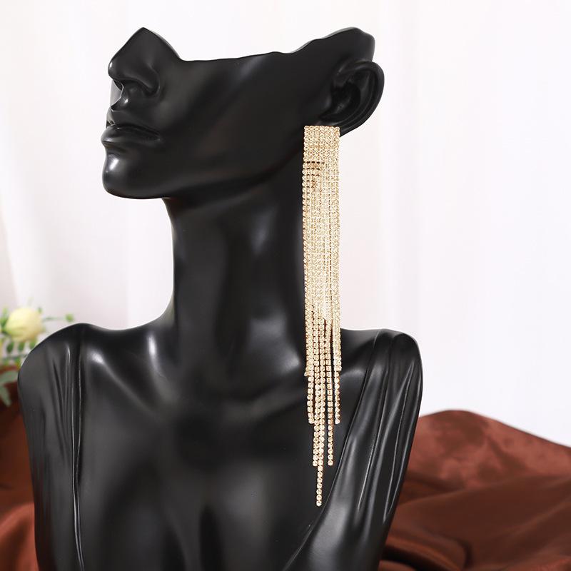 High-End Earrings, Shiny Full Diamond Long Fringed Earrings, Femininity Stud Earrings, Niche Design Earrings. золотой