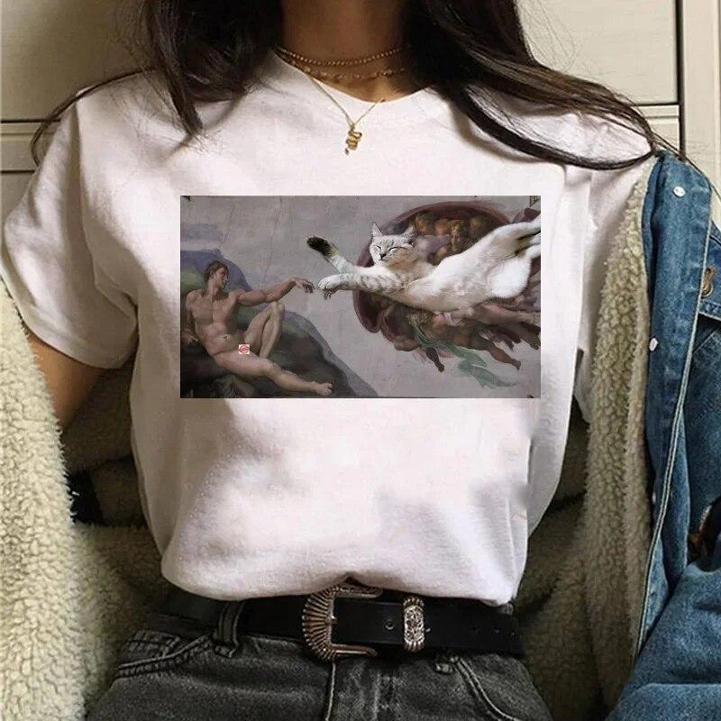 Camiseta Gato Van Gogh woUnisex estampado artístico pintura al óleo hermosa linda divertida camiseta dibujos animados años 90 ulzzang top casual camiseta mujer
