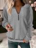 Women's Round Neck Blouse Quarter Zip Textured Knit Long Sleeve Pullover Sweatshrit
