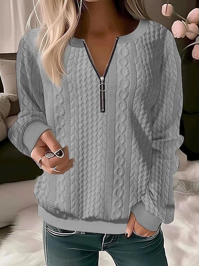 Women's Round Neck Blouse Quarter Zip Textured Knit Long Sleeve Pullover Sweatshrit