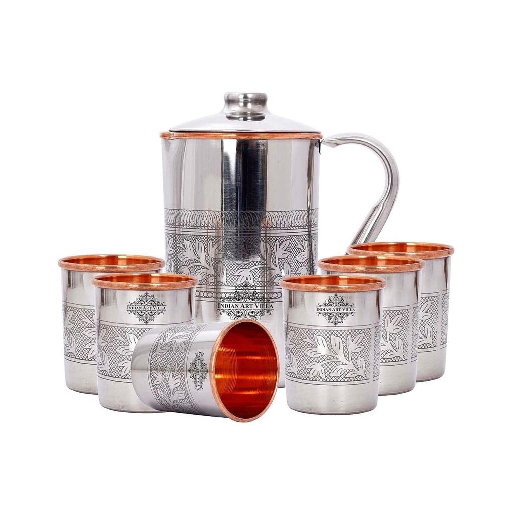 Steel Copper Drinkware Gift Set of Embossed Design 1 Jug & 6 Glass with Black Gift Box