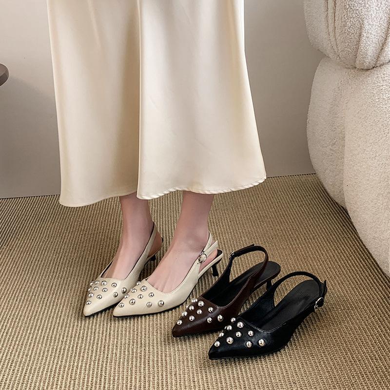 Fashion 2025 New Summer Women's Sandals Metal Rivet High Heels Footwear Elegant Slingback Pointed Slip on Party Lady Pumps Shoes