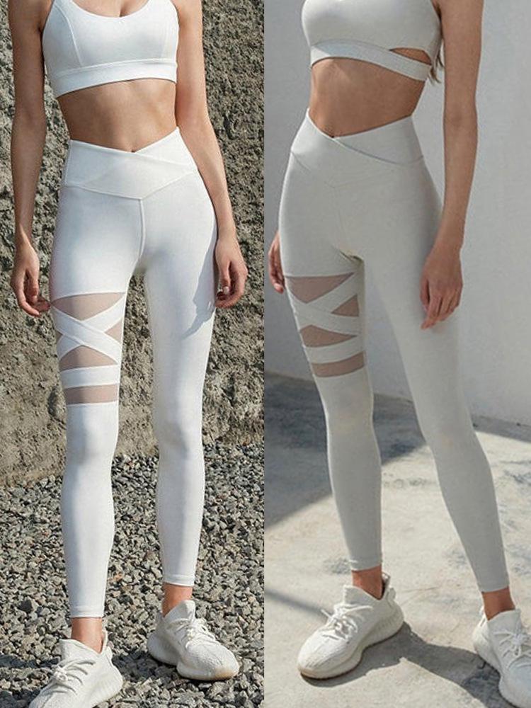 White Nude High Waist Breathable Mesh Yoga Leggings - Women's Tight Fitness Pants