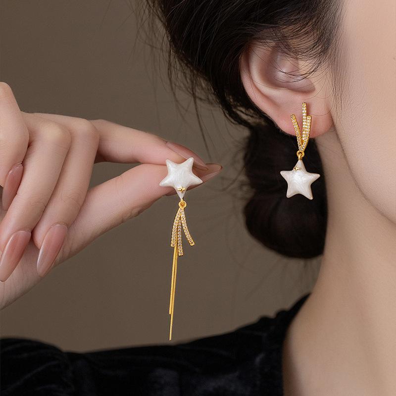 18k electroplated silver needle zircon drip oil star asymmetric stud earrings versatile earrings earrings