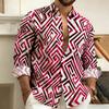 Men's Lapel Long-Sleeved Shirt with Printed Greek Key Pattern, Stylish, Handsome, Vintage, and Comfortable Men's Top.