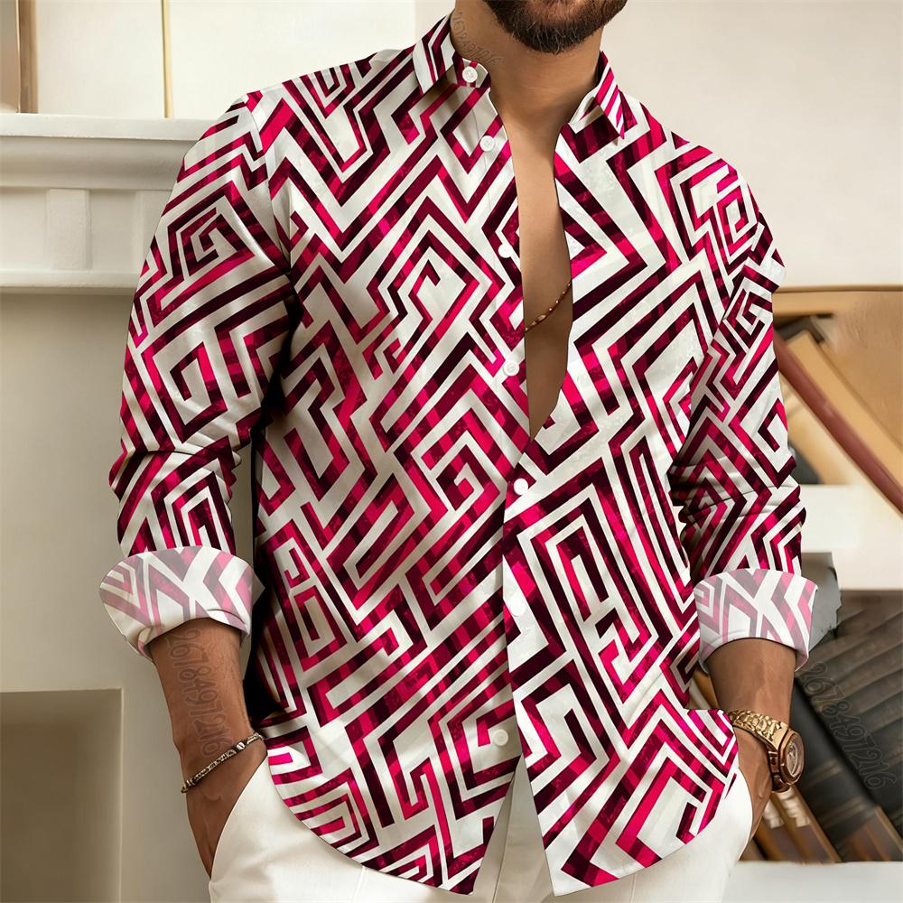 Men's Lapel Long-Sleeved Shirt with Printed Greek Key Pattern, Stylish, Handsome, Vintage, and Comfortable Men's Top.