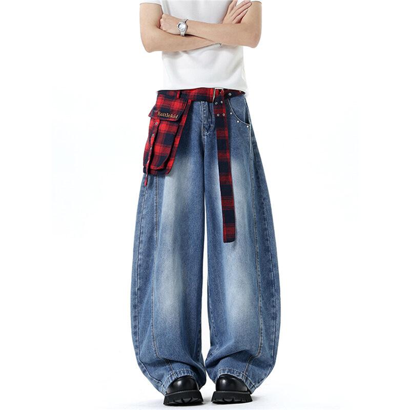 American High Street Plaid Deconstruction Jeans Men's and Women's Summer New Loose Design Trendy Brand Straight Wide-leg Trousers