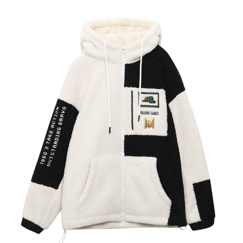 Frauen Jacke Mit Kapuze Colorblock Dicke Buchstaben Stickerei Plüsch Langarm Kordelzug Weiche Gemütliche Zipper Cosure Strickjacke Dame Mid