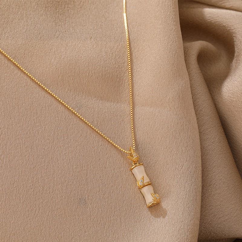 Chinese Style Elegant White Chalcedony Bamboo Pendant Women's Fashion Necklace