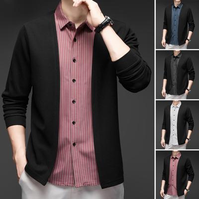 Men Shirt Fake Two-piece Cardigan Turn-down Collar Single-breasted Striped Long Sleeves Color Matching Knitted Formal Business Style Top