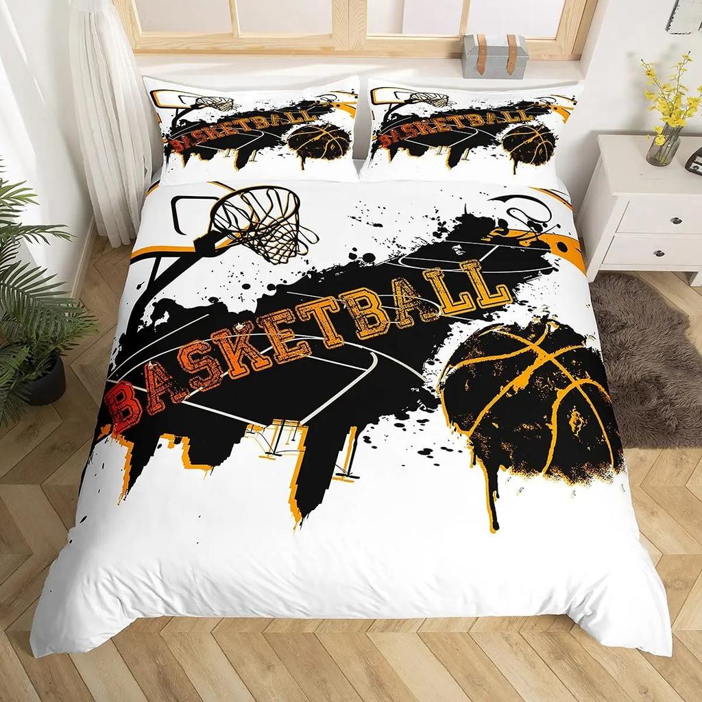 Basketball Duvet Cover Set Queen,Sports Gaming Comforter Cover For Boys Girls,Black Graffiti Bedding Set Sports Bedspread Cover
