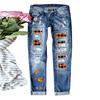 Hot Selling Women's Mid-Rise Ripped Jeans Maple Leaf Red Check Print Applique Straight Leg Pants