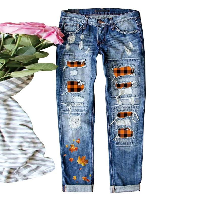 Hot Selling Women's Mid-Rise Ripped Jeans Maple Leaf Red Check Print Applique Straight Leg Pants